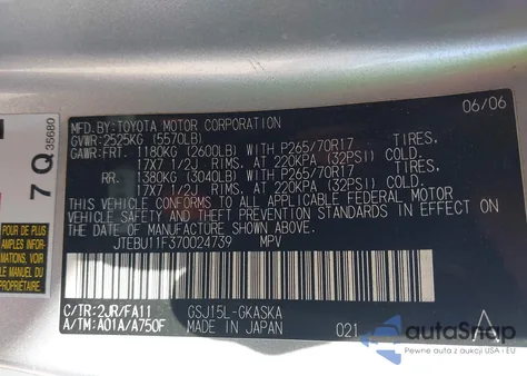 2007 Toyota Fj Cruiser z USA, uszkodzony, nr VIN JTEBU11F370024739